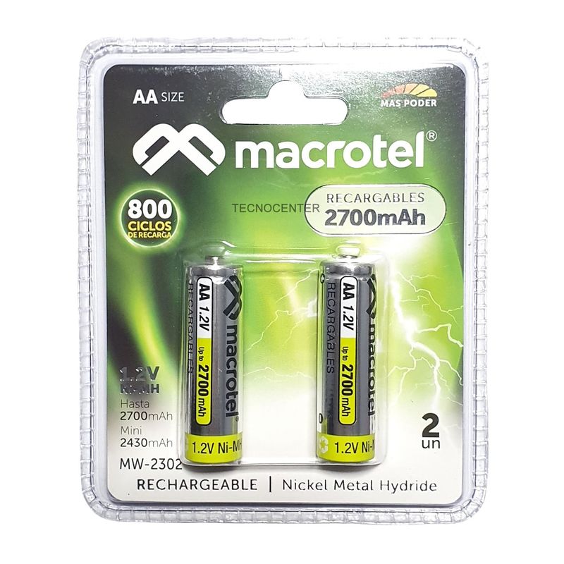 MACROTEL - Pack 2 Pilas Recargables AA Macrotel 2700mha