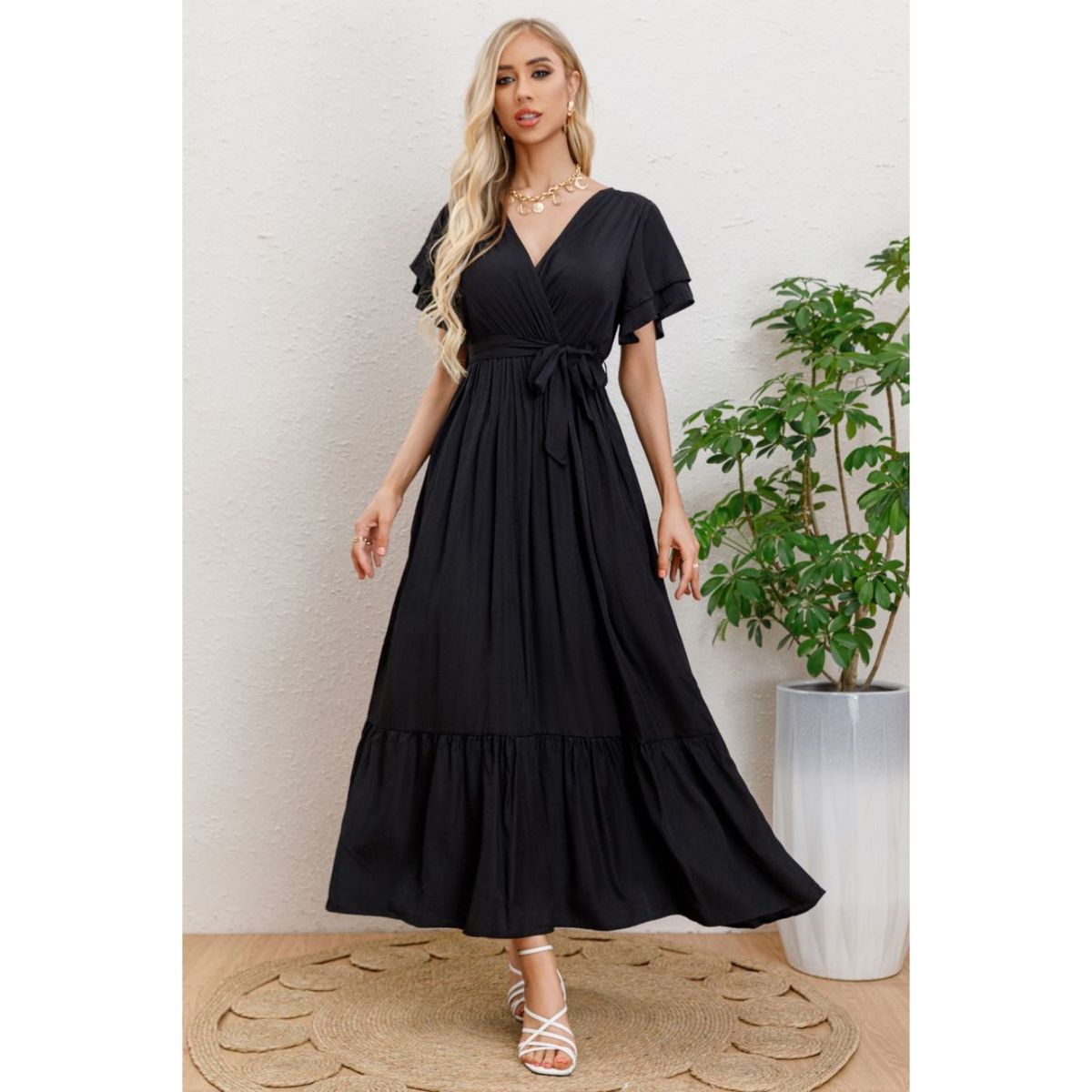 LIKE SHOP - Maxi Vestido Largo Mujer Primavera Premium. Abertura, Cuello V 326