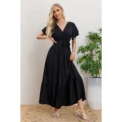 MPROPIA - Maxi Vestido Largo Mujer Primavera Premium. Abertura, Cuello V 326