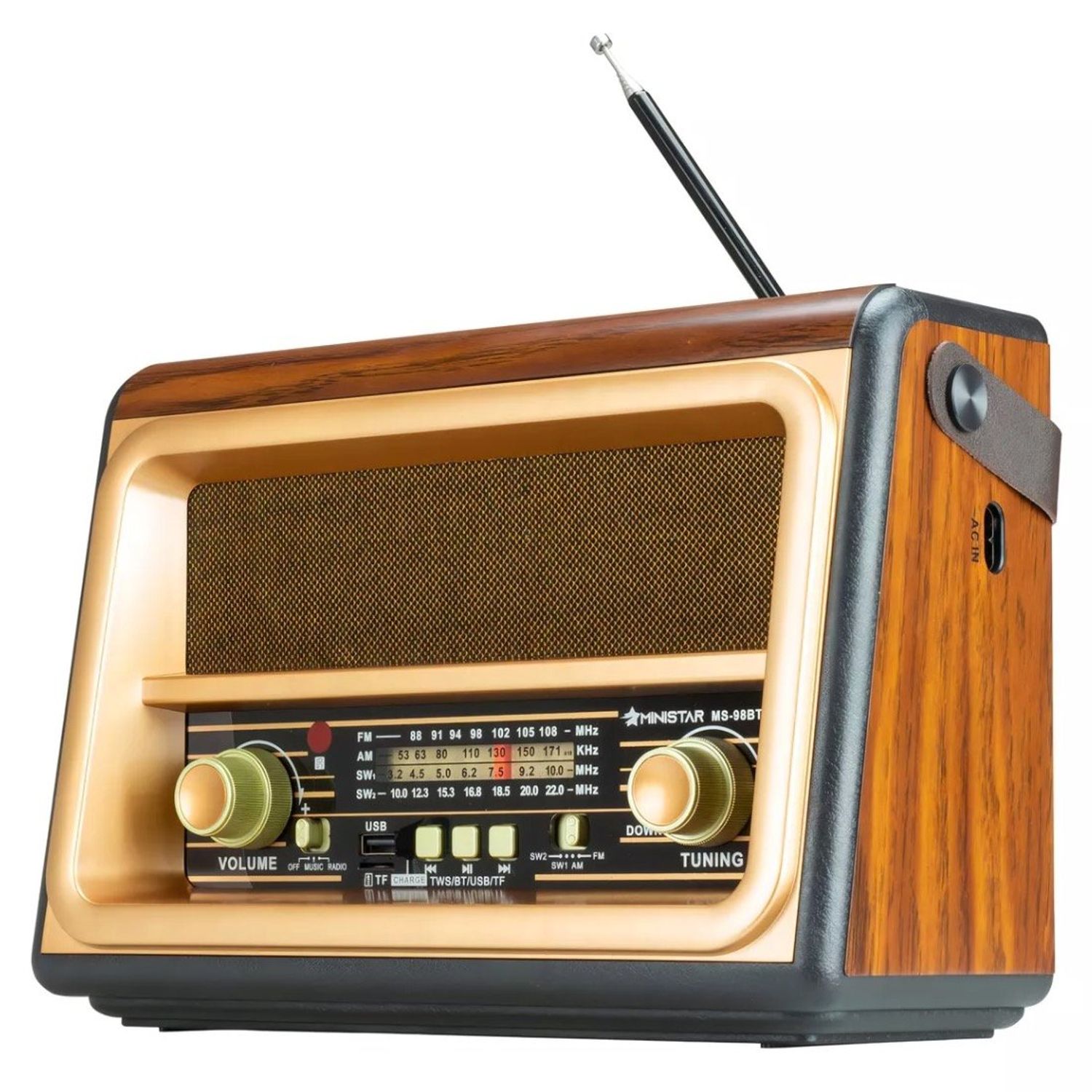 Radio Portátil Panel Solar Vintage Usb Diseño Madera BT88SQ