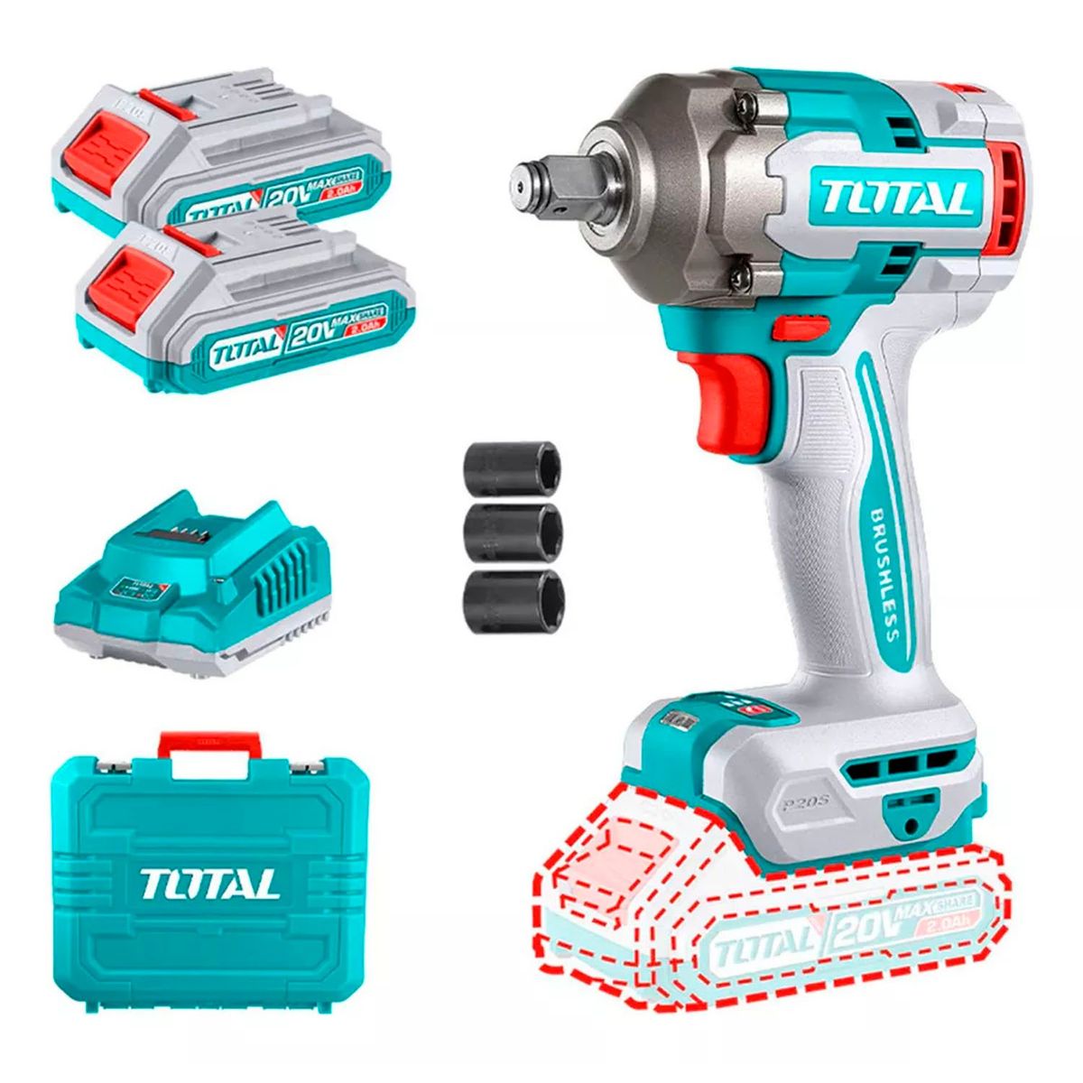 TOTAL TOOLS - Taladro Pistola Llave Impacto 20v Carg+ 2bat Total Tiwli2040