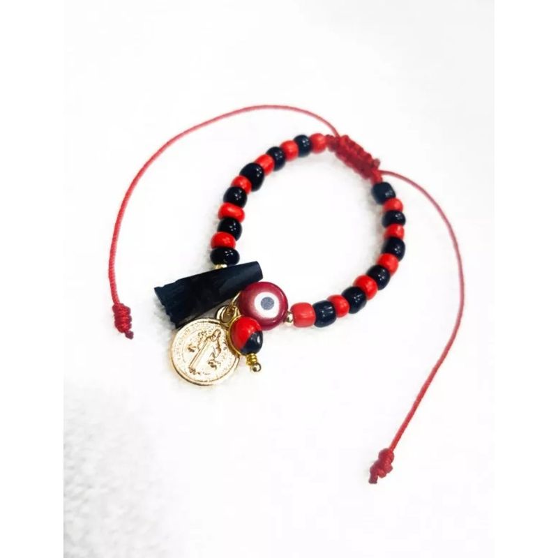 GENERICO - Pulsera Roja de Proteccion con Azabache y dije de san benito