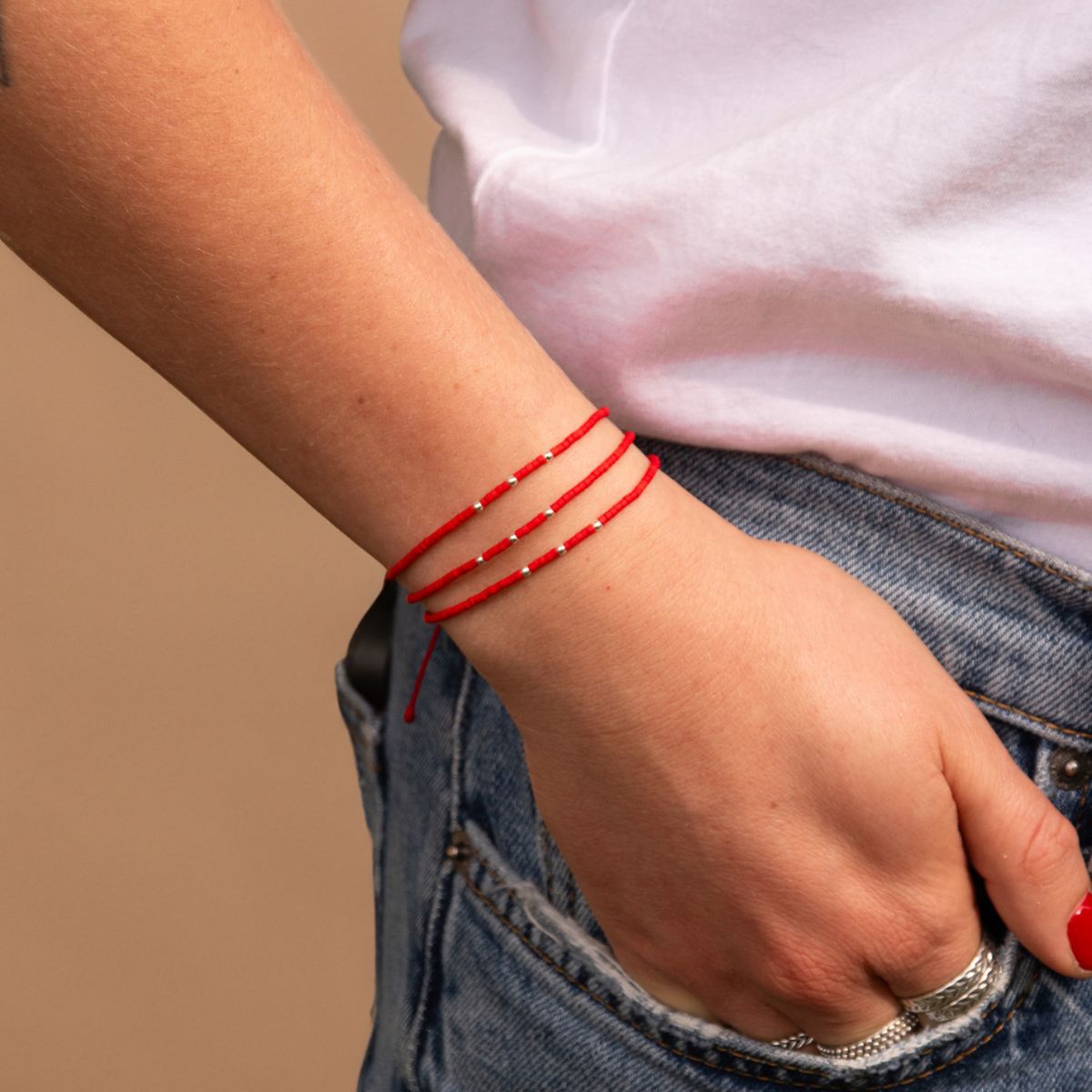 ZAZU - Pack 3 Pulseras Rojas con Mostacillas de Plata