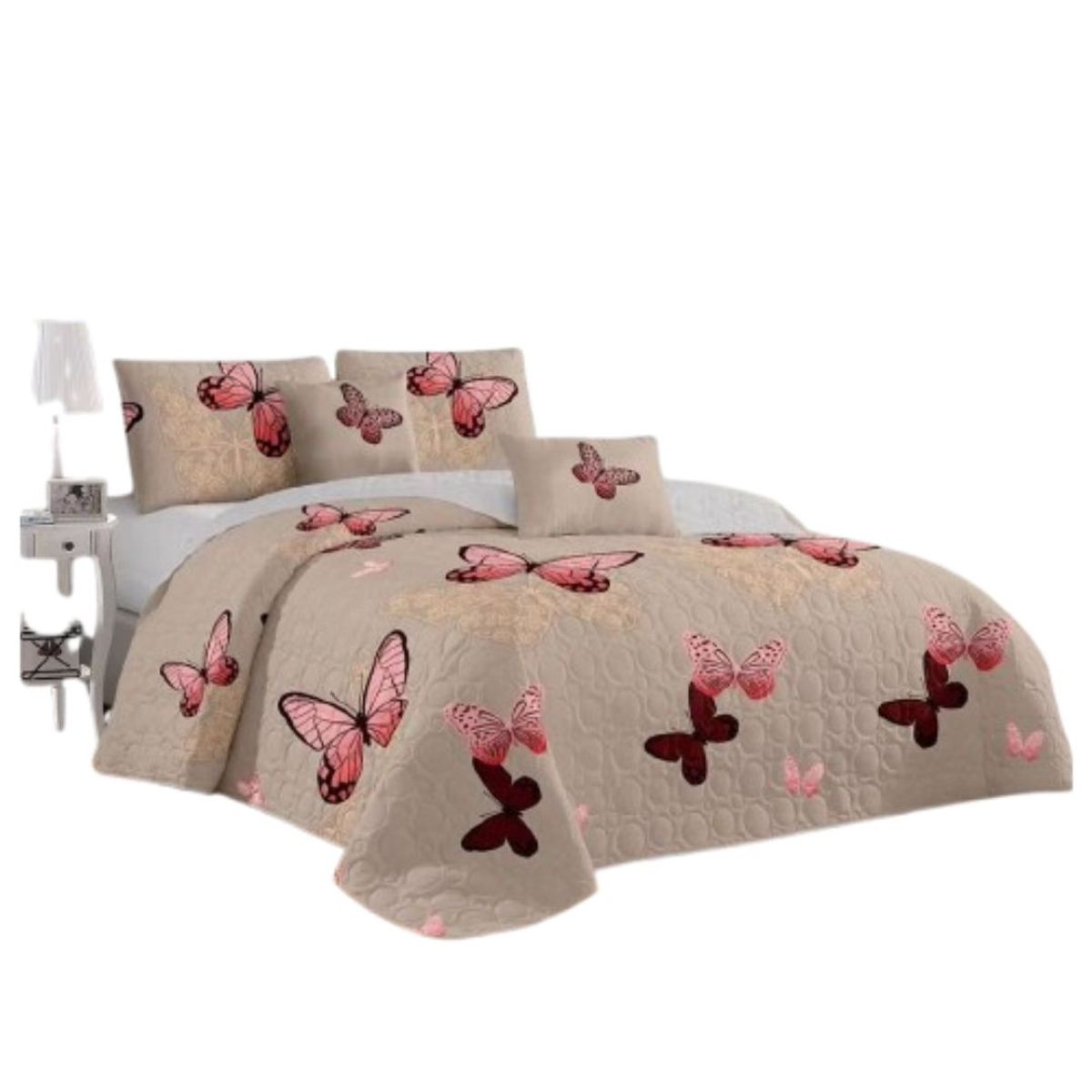 GENERICO - Cubrecama Quilt Verano 1.5 Plazas - Beige Mariposas KFL090