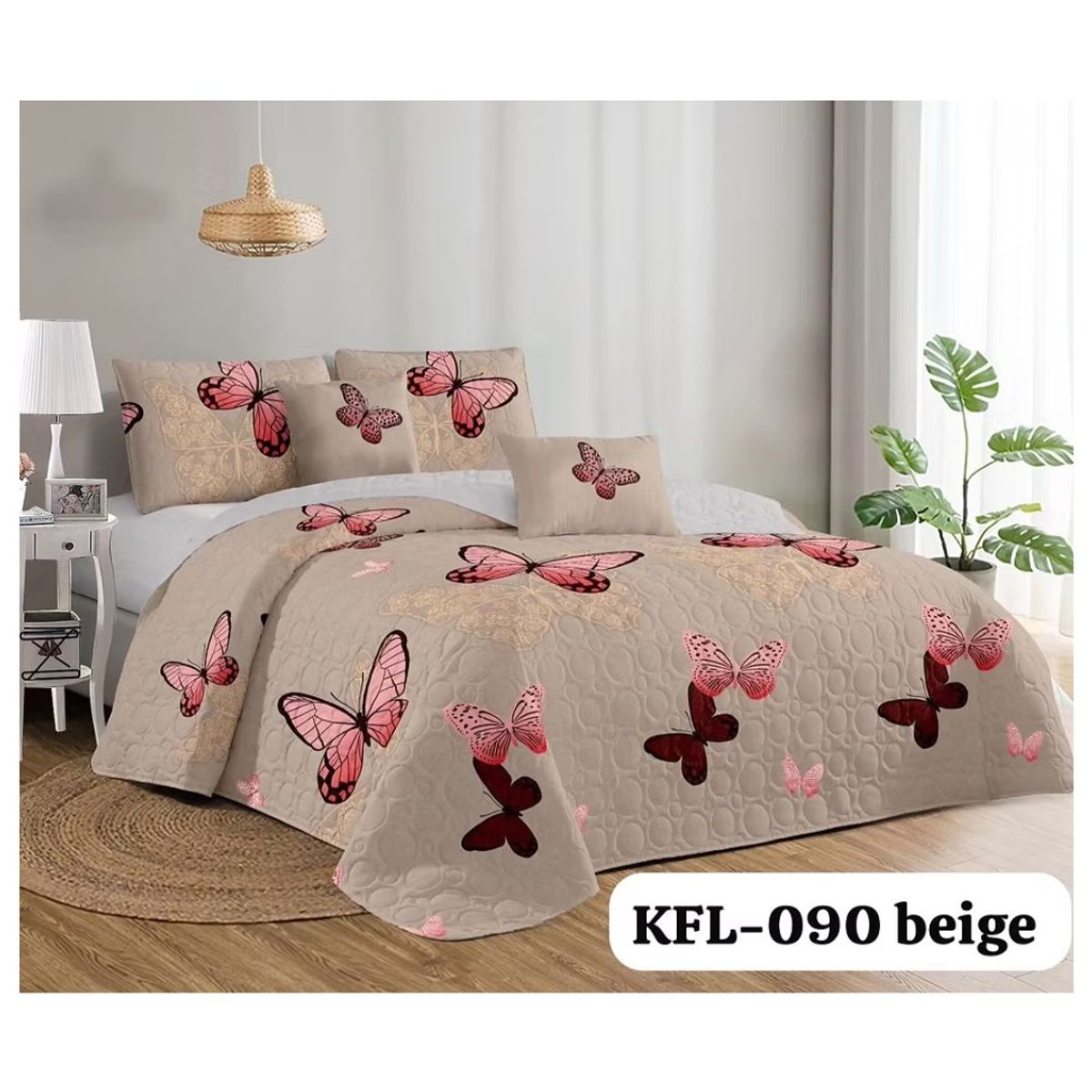 GENERICO - Cubrecama Quilt Verano 1.5 Plazas - Beige Mariposas KFL090