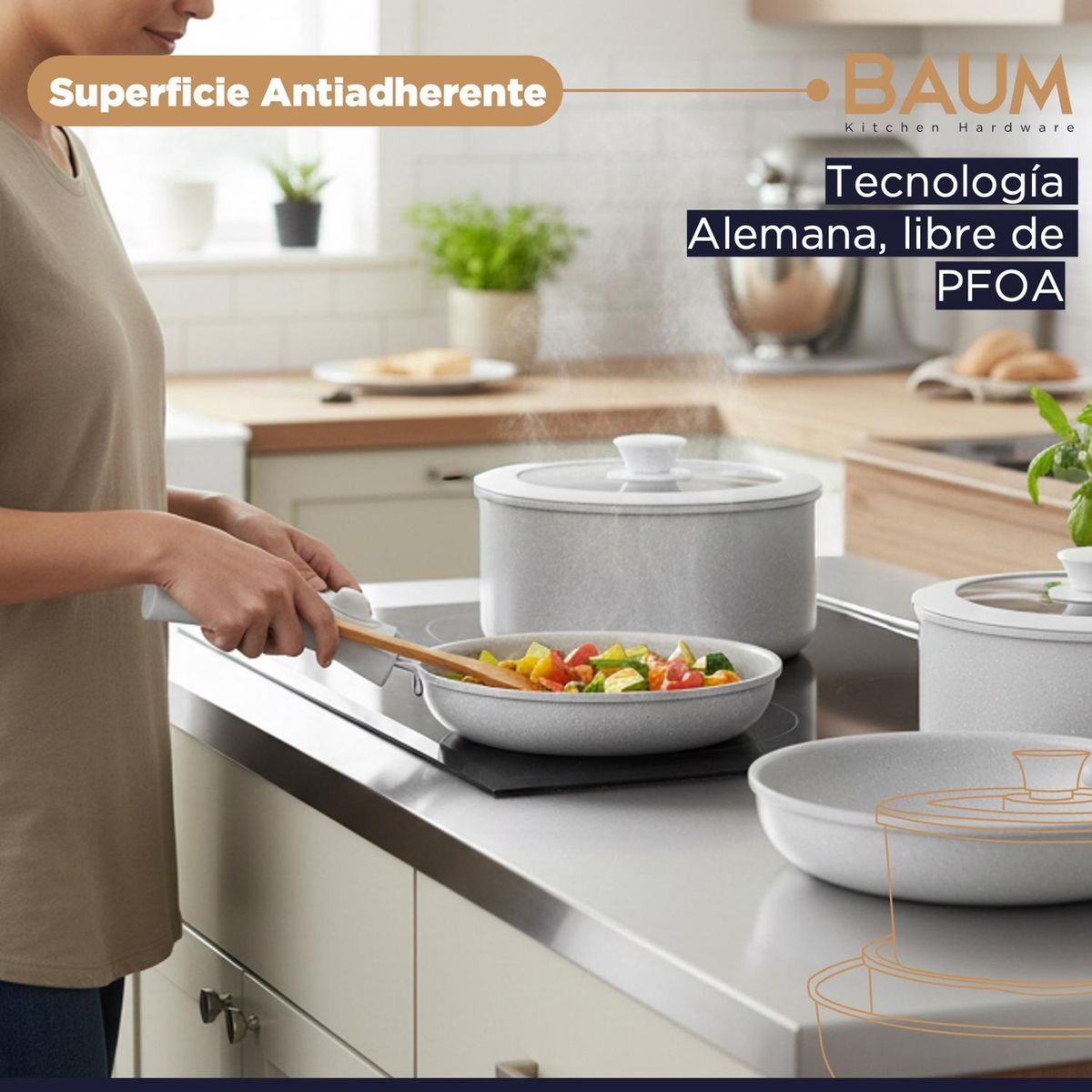 BAUM - Bateria de Cocina Ollas Ceramica Baum 6 Piezas Antiadherente - Blanco