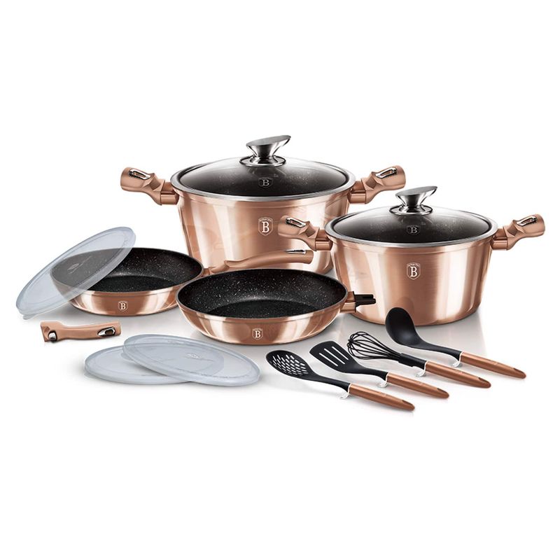 BERLINGER HAUS - Batería de cocina 15 pzs, color rosa, aluminio forjado