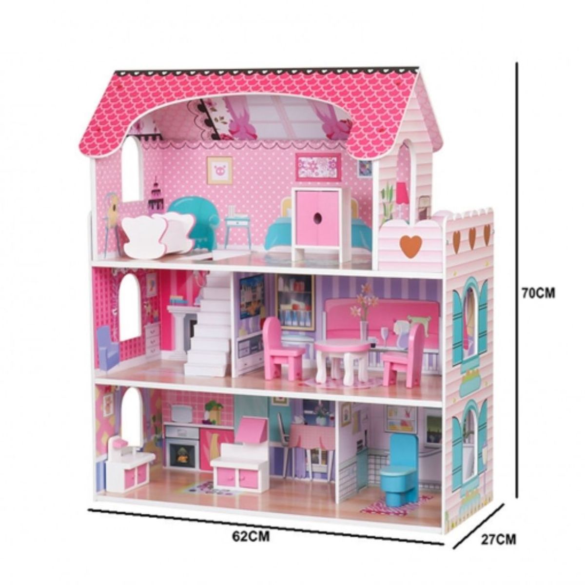 GENERICO - Casa de Muñecas Clásica de Madera Rosada con Accesorios