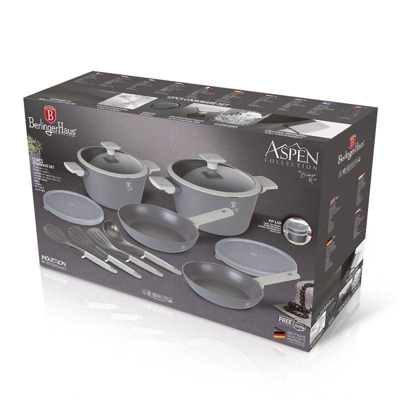 BERLINGER HAUS - Batería de cocina 12 pzs, color gris, aluminio forjado