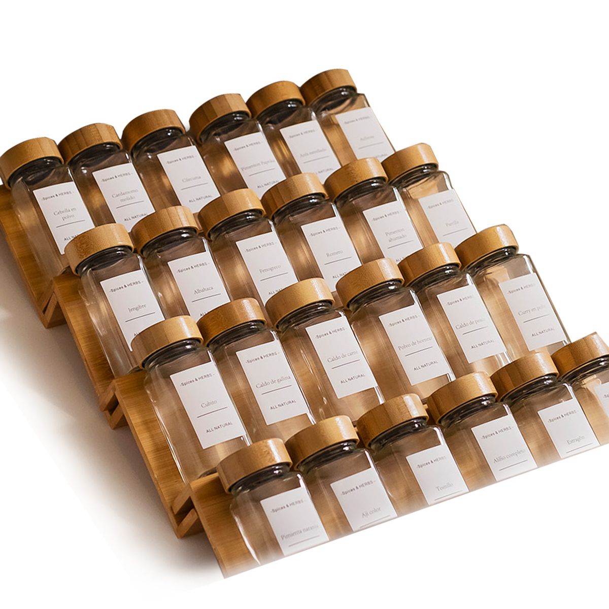 GENERICO - Set 24 Frascos De Especias Base De Bambú Tarros Condimentos Blancas
