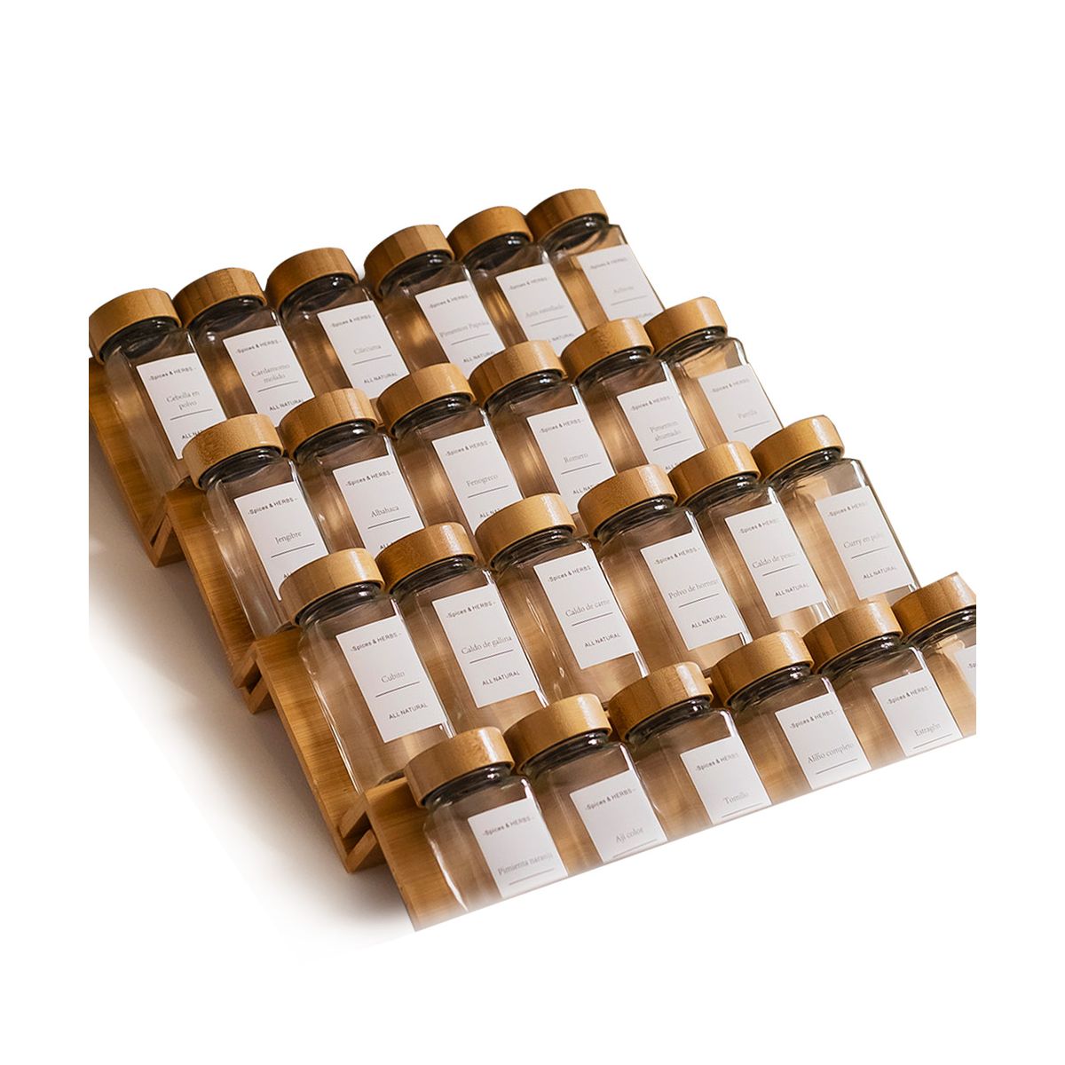 GENERICO - Set 24 Frascos De Especias Base De Bambú Tarros Condimentos Blancas