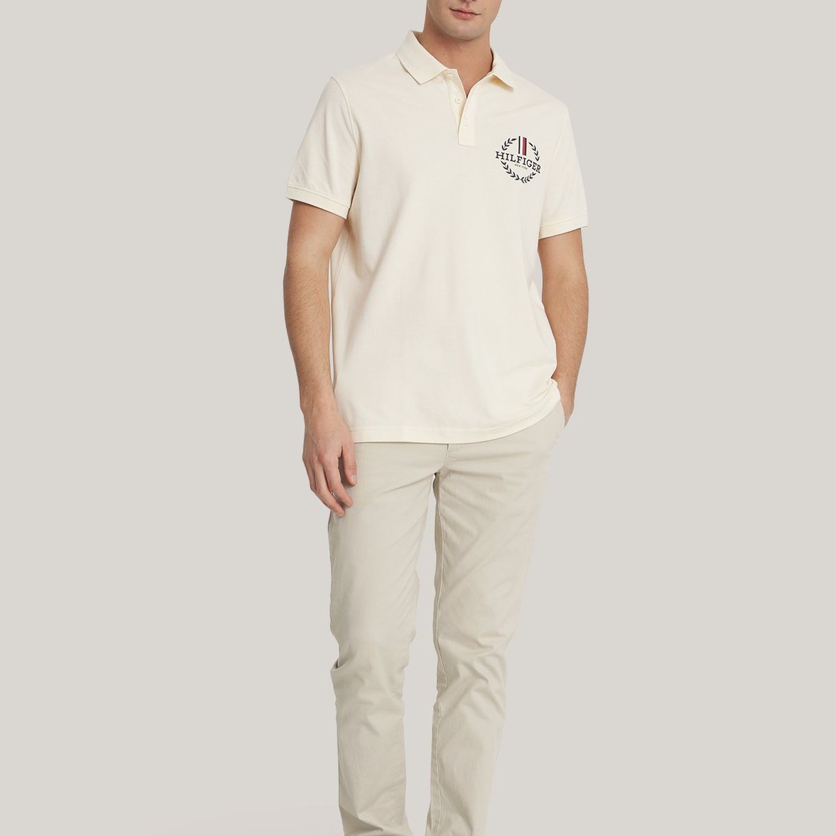 TOMMY HILFIGER - Polo Solid Con Logo Monogram Beige Tommy Hilfiger