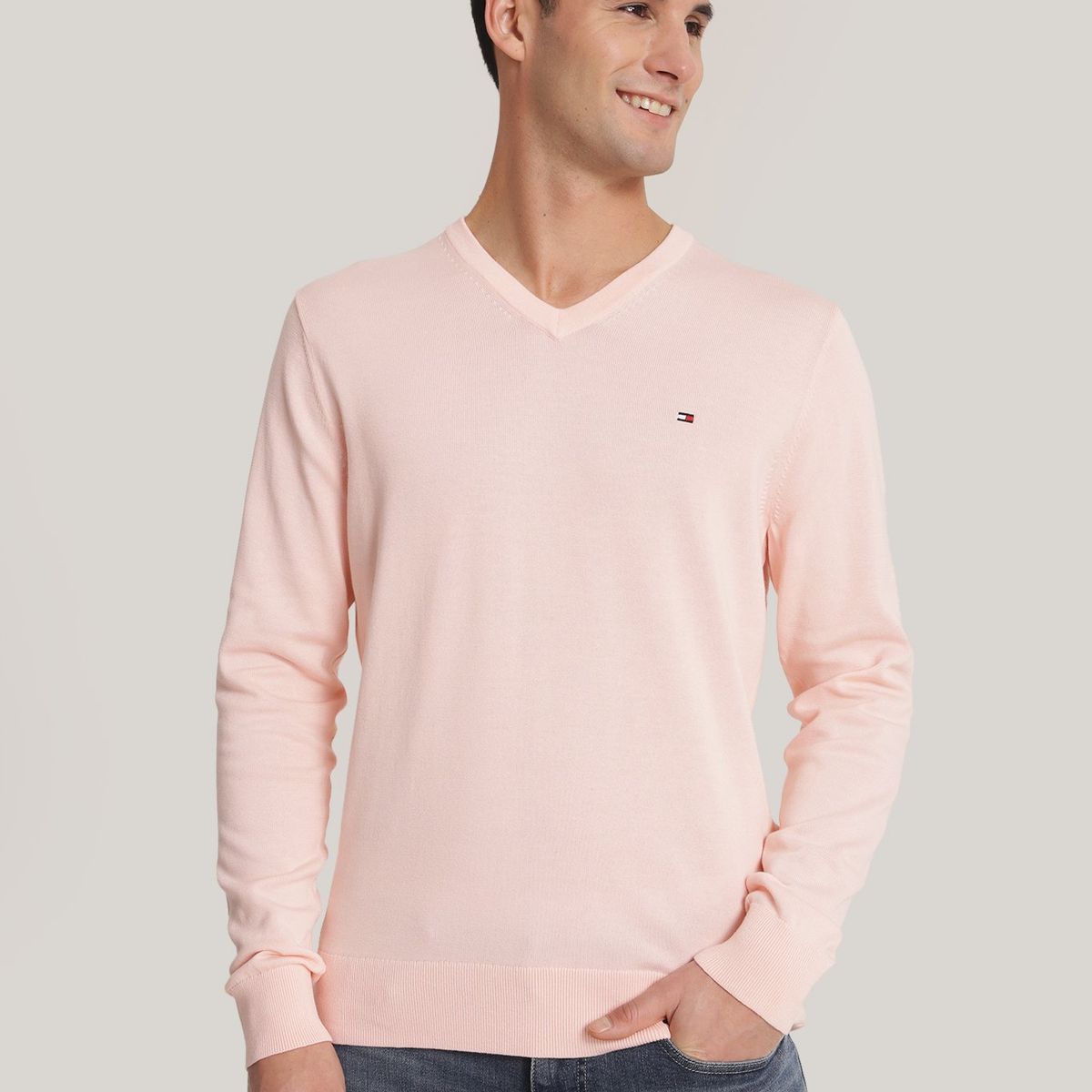 TOMMY HILFIGER - Sweater Básico Signature V-Neck Rosado Tommy Hilfiger