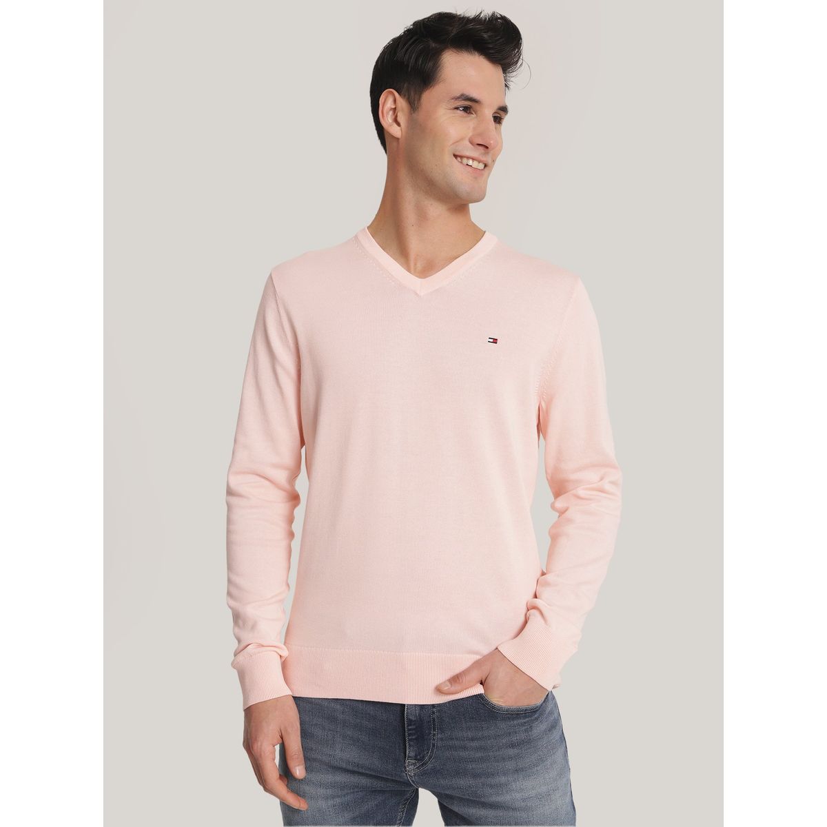 TOMMY HILFIGER - Sweater Básico Signature V-Neck Rosado Tommy Hilfiger