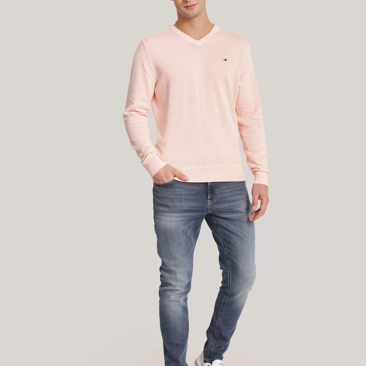 TOMMY HILFIGER - Sweater Básico Signature V-Neck Rosado Tommy Hilfiger