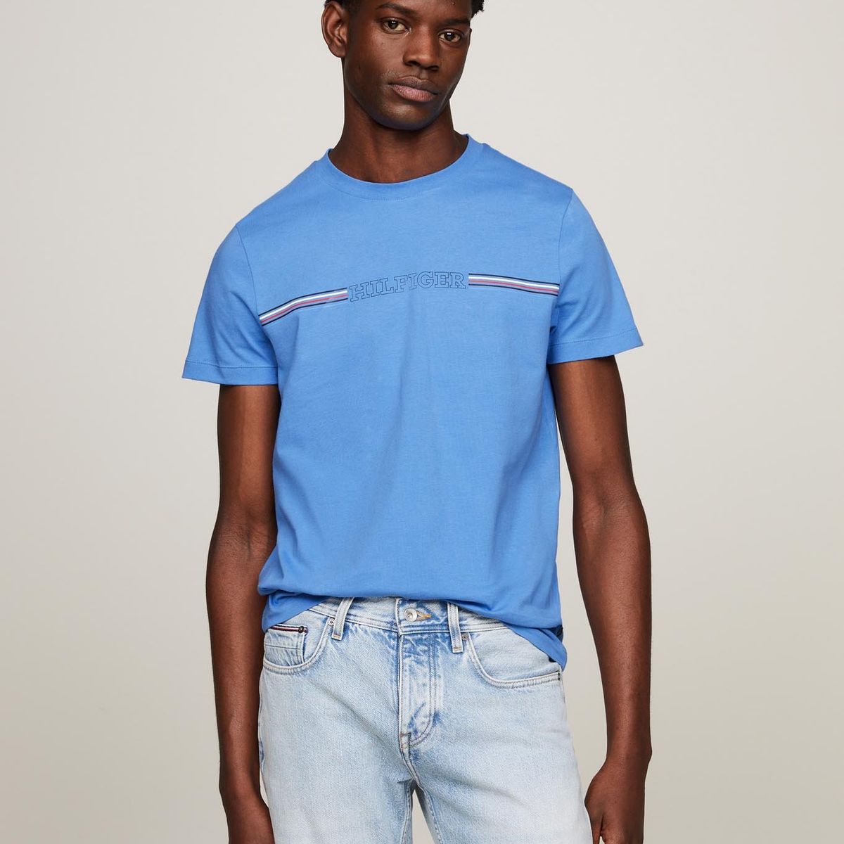 TOMMY HILFIGER - Polera Logo Stripe Slim Fit Celeste Tommy Hilfiger