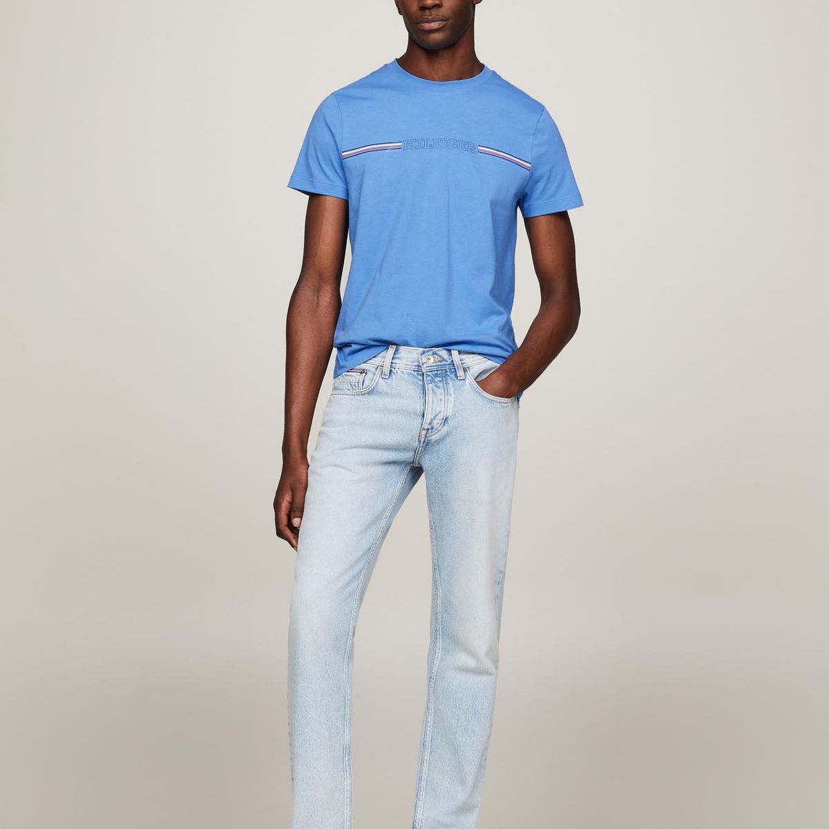 TOMMY HILFIGER - Polera Logo Stripe Slim Fit Celeste Tommy Hilfiger
