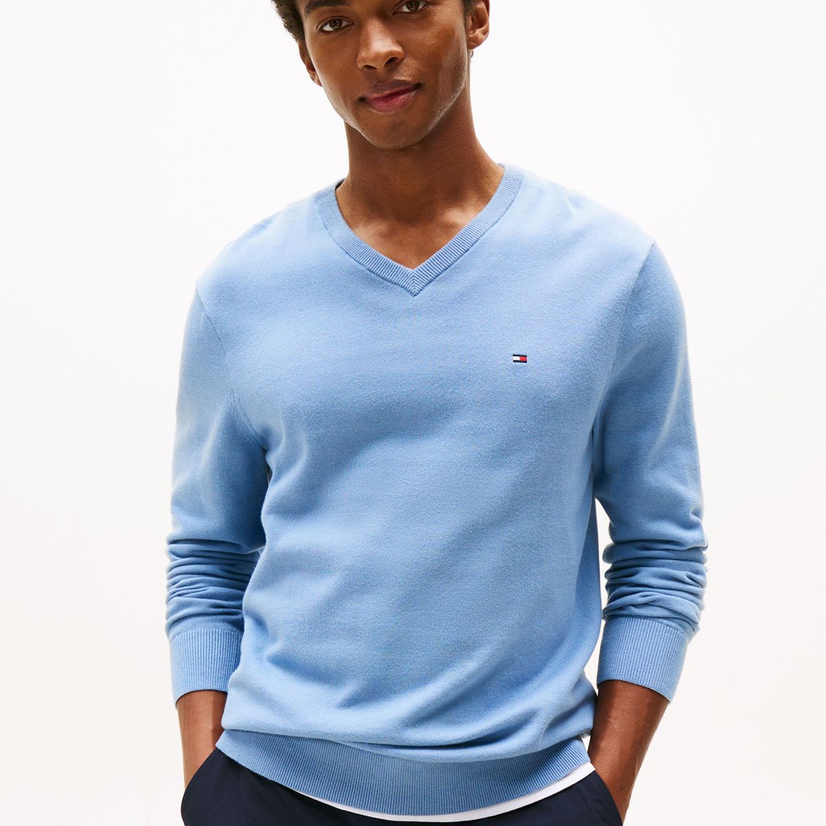 TOMMY HILFIGER - Sweater Básico Signature V-Neck Celeste Tommy Hilfiger