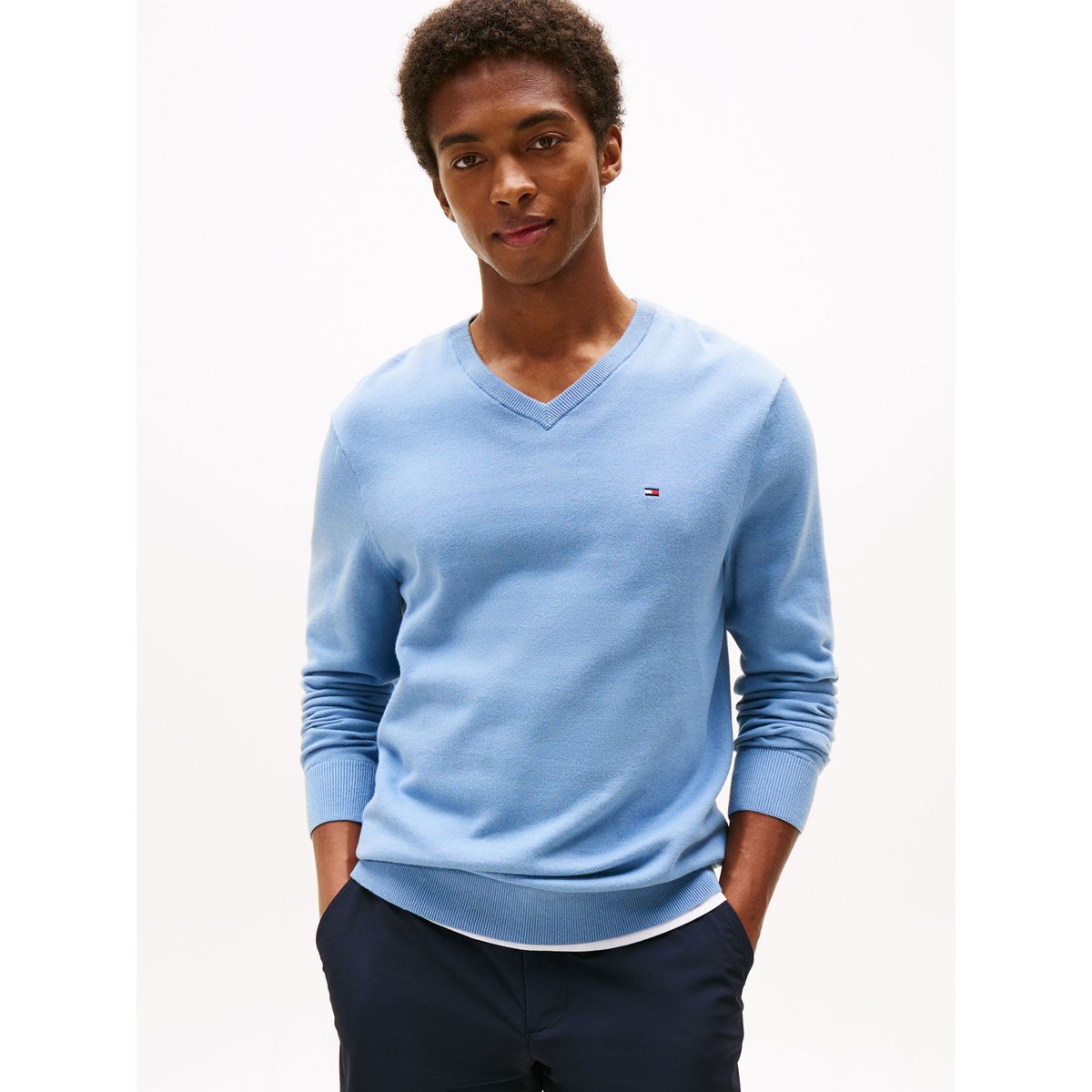 TOMMY HILFIGER - Sweater Básico Signature V-Neck Celeste Tommy Hilfiger