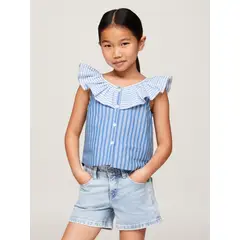 TOMMY HILFIGER - Blusa A Rayas Con Vuelos Celeste