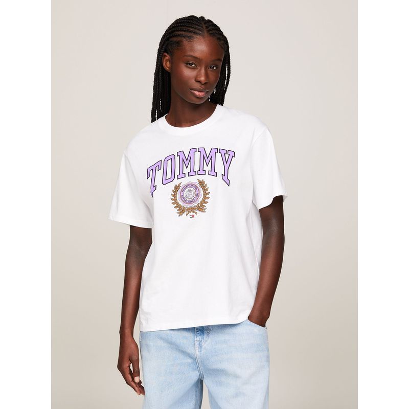 TOMMY HILFIGER - Polera Relaxed Varsity Logo Blanco Tommy Jeans