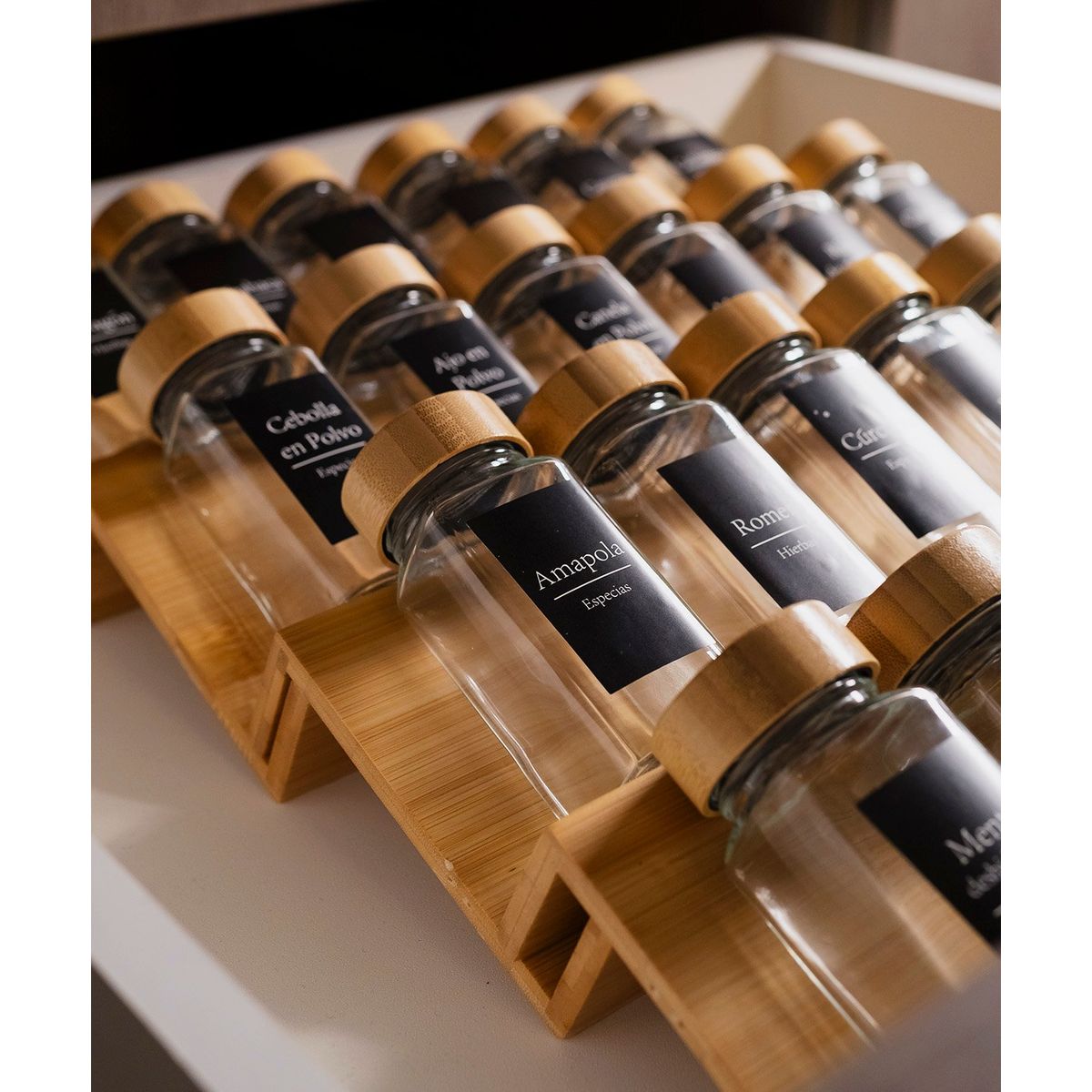 GENERICO - Set 24 Frascos De Especias Base De Bambú Tarros Condimentos Negras