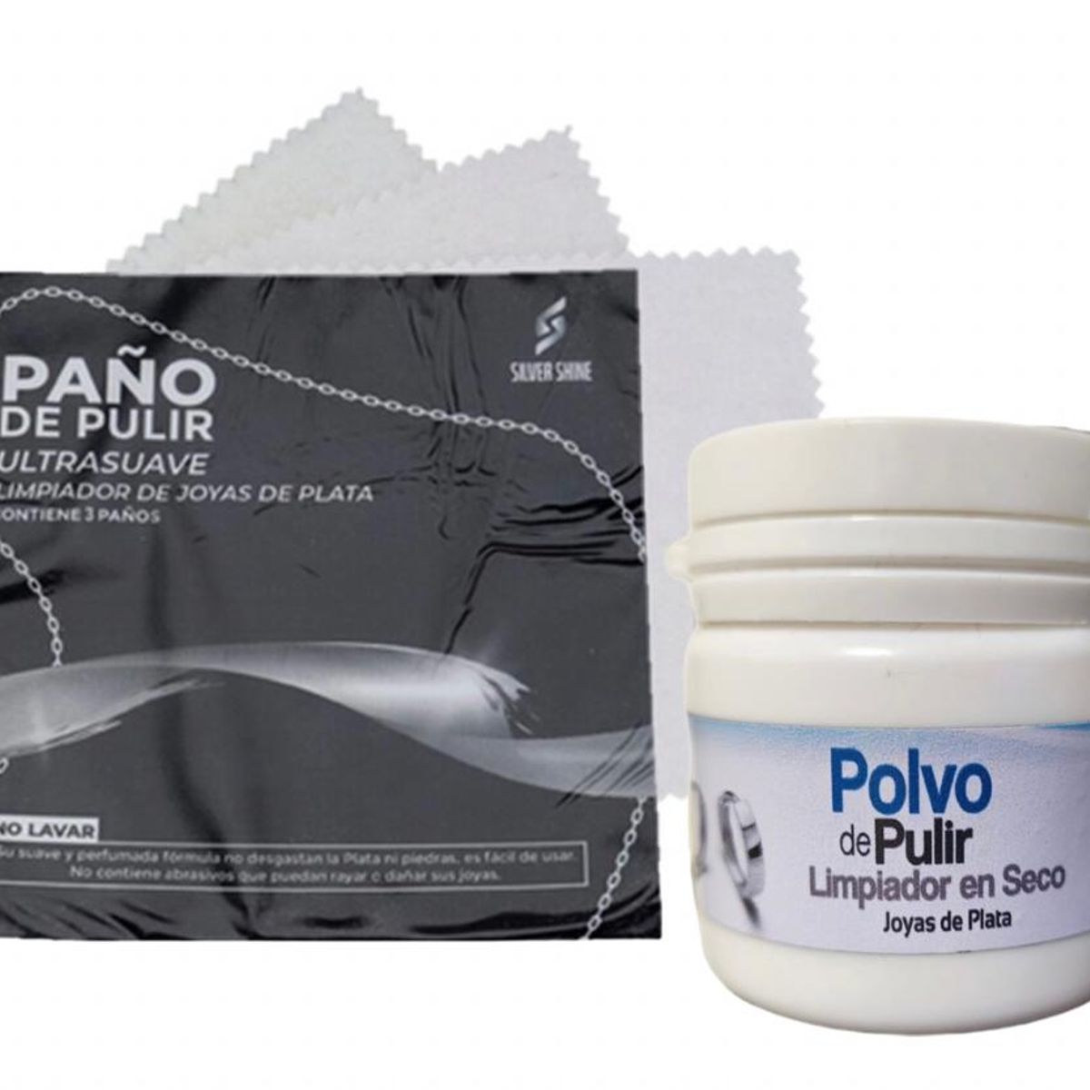 GENERICO - polvo limpiador de joyas de plata + 3 paños de pulir