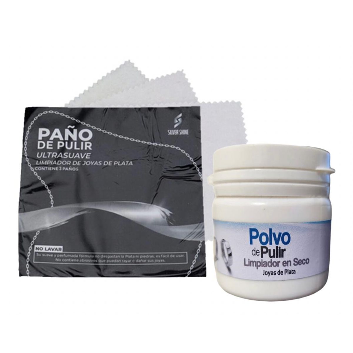 GENERICO - polvo limpiador de joyas de plata + 3 paños de pulir