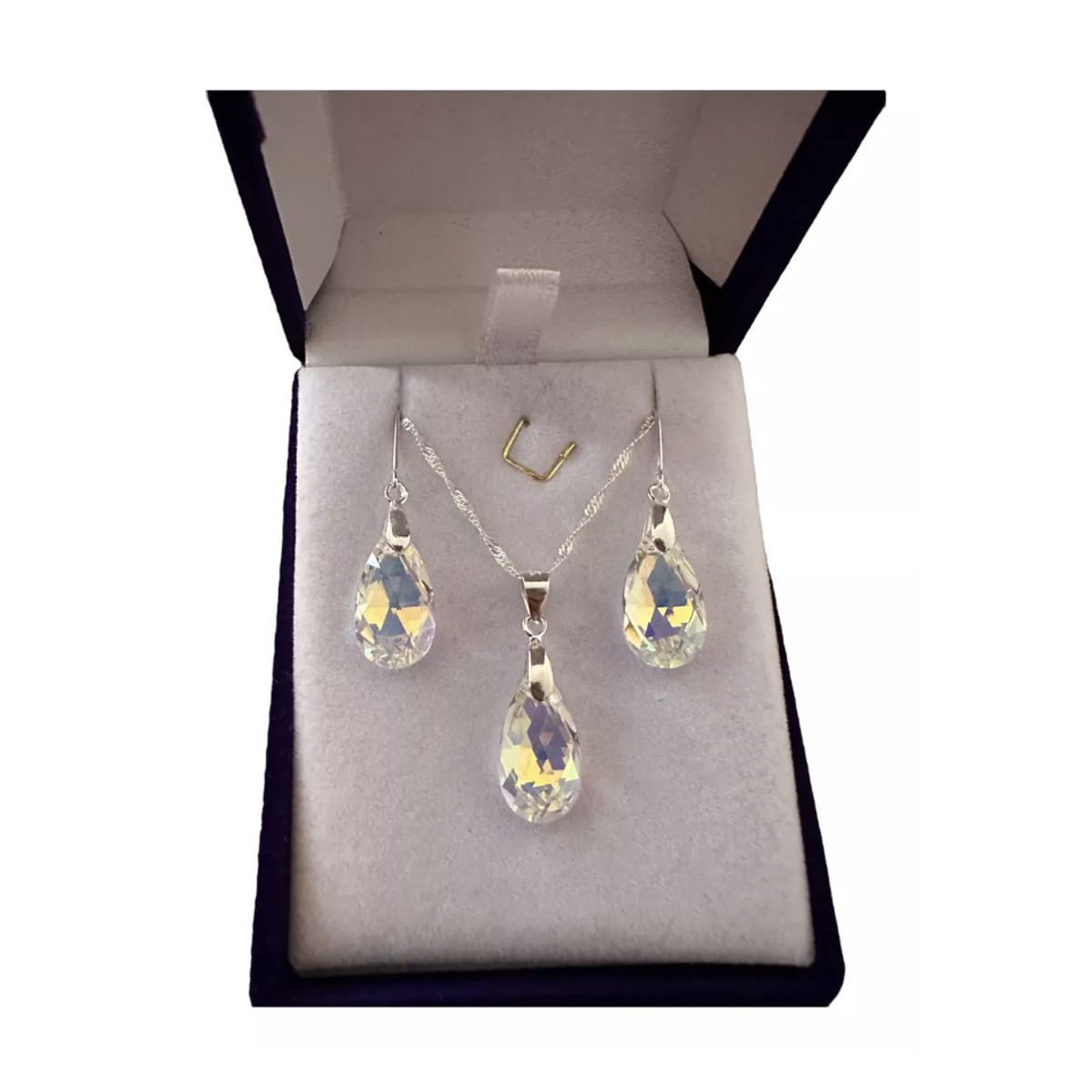 GENERICO - Conjunto collar y aros plata italiana gota cristal + caja