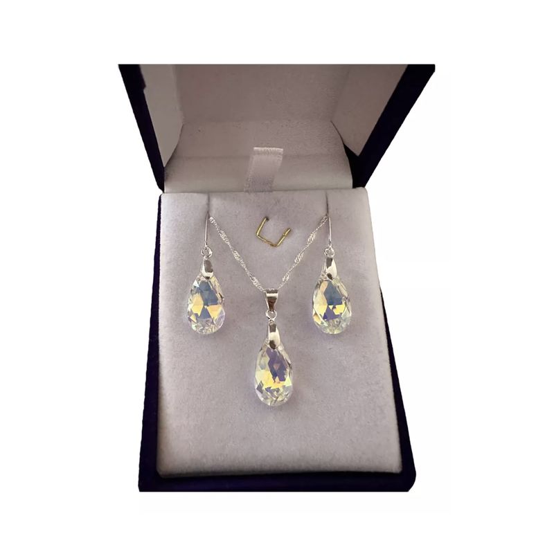 GENERICO - Conjunto collar y aros plata italiana gota cristal + caja