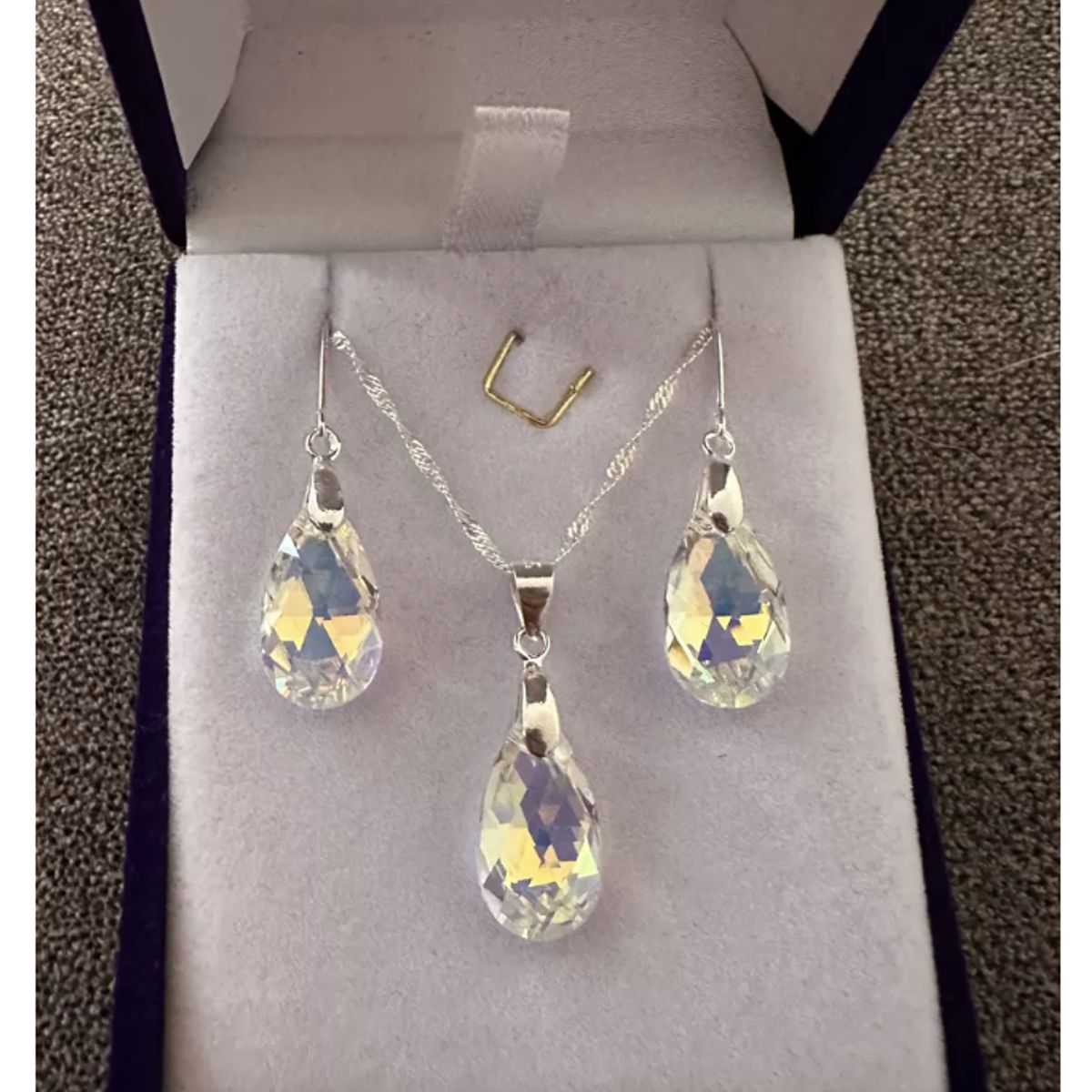 GENERICO - Conjunto collar y aros plata italiana gota cristal + caja