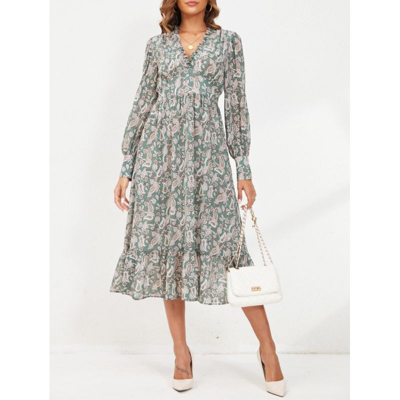 MOSS ROSE - Vestido de mujer Moss Rose ribete de madera bohemia manga larga
