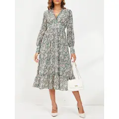 MOSS ROSE - Vestido de mujer ribete de madera bohemia manga larga