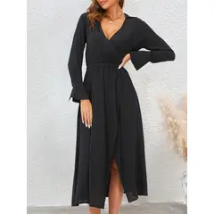 MOSS ROSE - Vestido de mujer manga larga profundo con escote en V casual