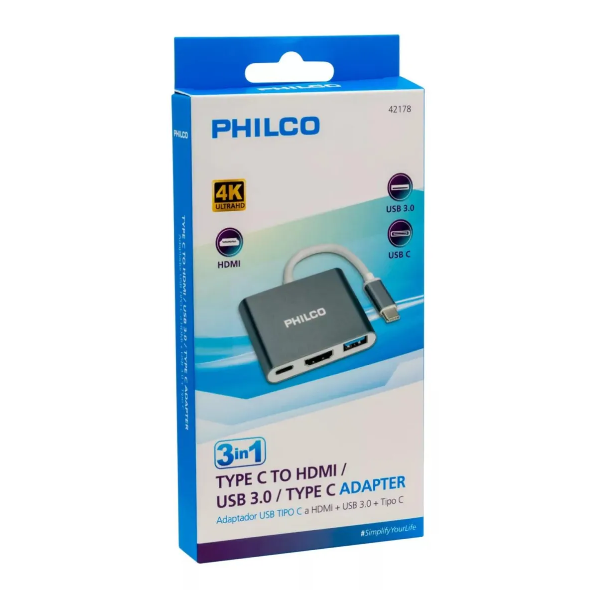 GENERICO - Adaptador 3 En 1 USB C A HDMI USB 3.0 USB C Gris Philco
