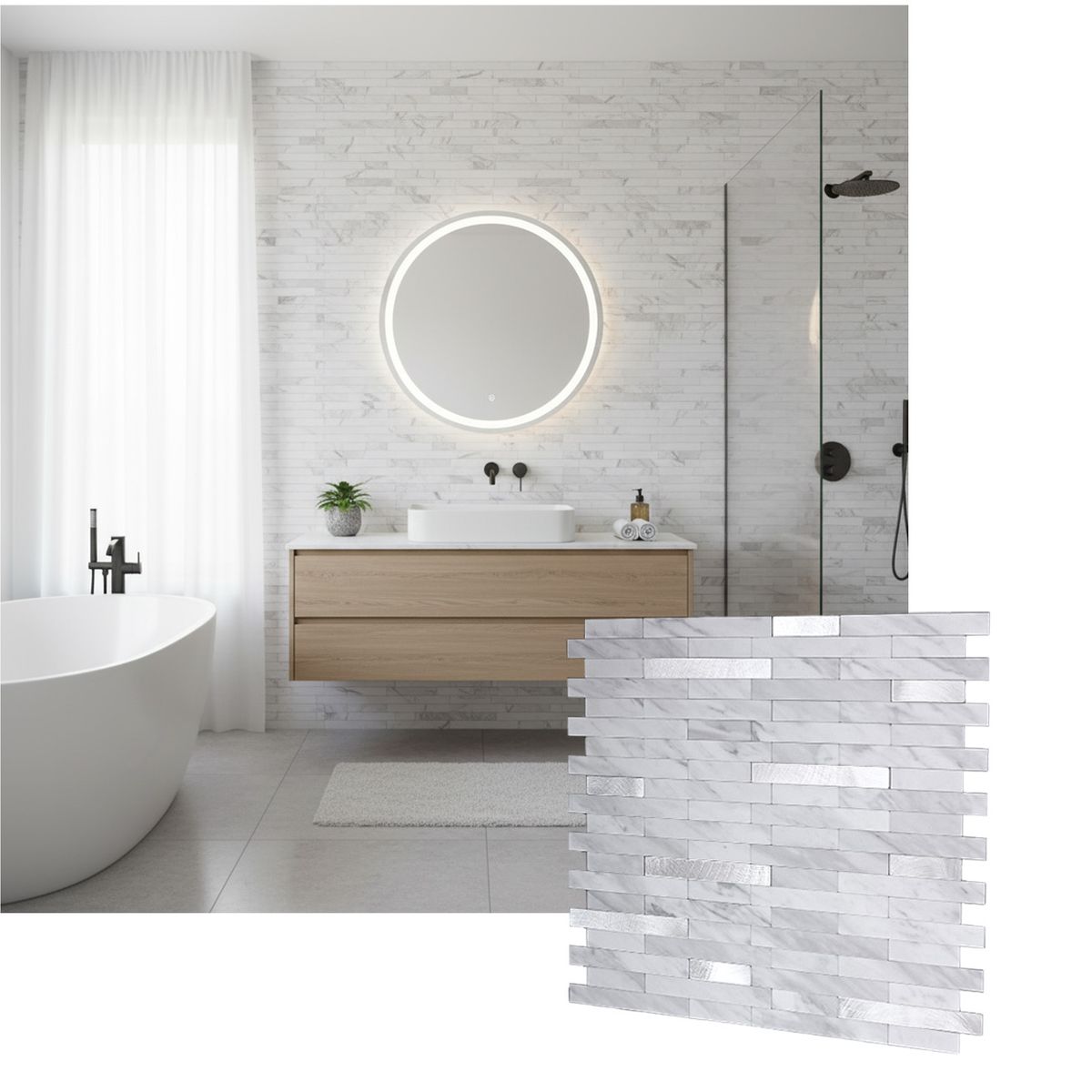 MERCAR RAY - Mosaico Salpicadero Autoadhesivo PVC-Aluminio Mármol Plata 306x297cm