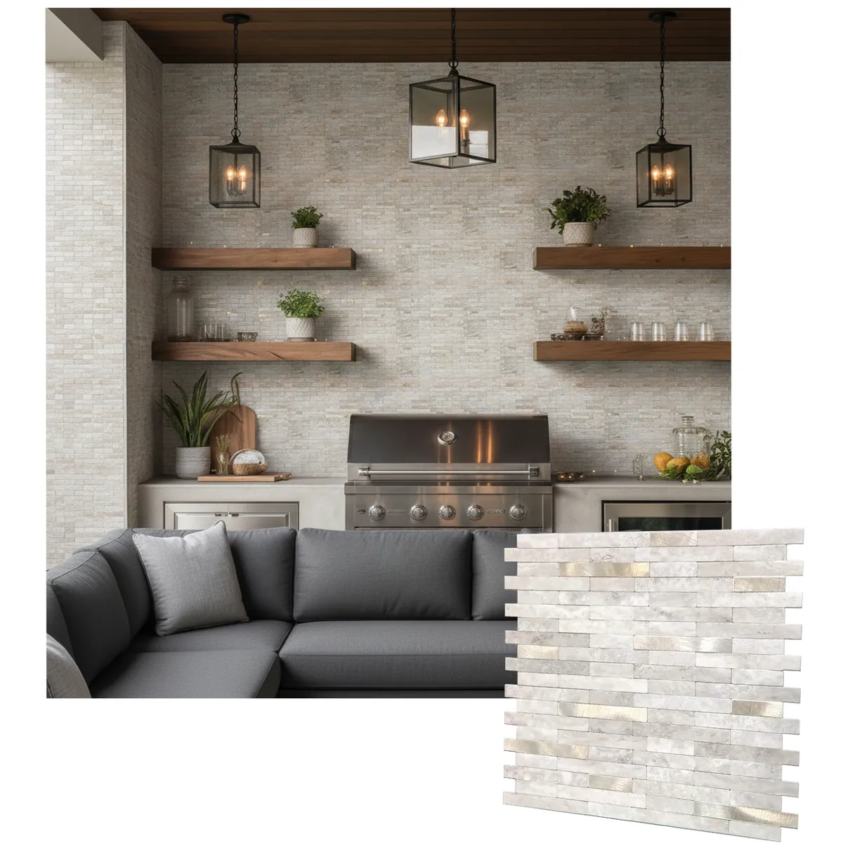 MERCAR RAY - Mosaico Salpicadero Autoadhesivo PVC-Aluminio Mármol Beige 30.6 x29.7cm