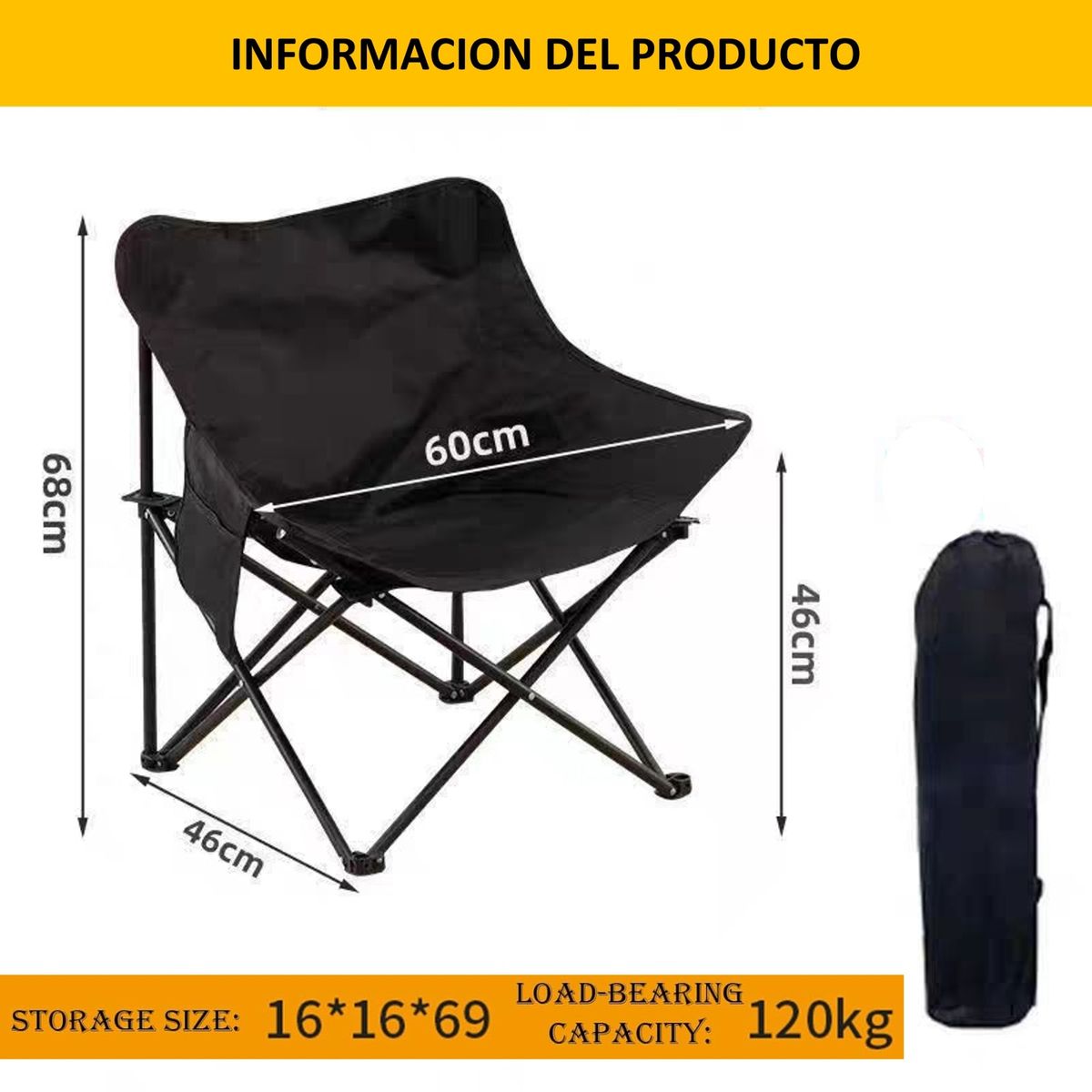 GENERICO - SILLA PLEGABLE MULTIFUNCIONAL PARA ACAMPAR COLOR NEGRO