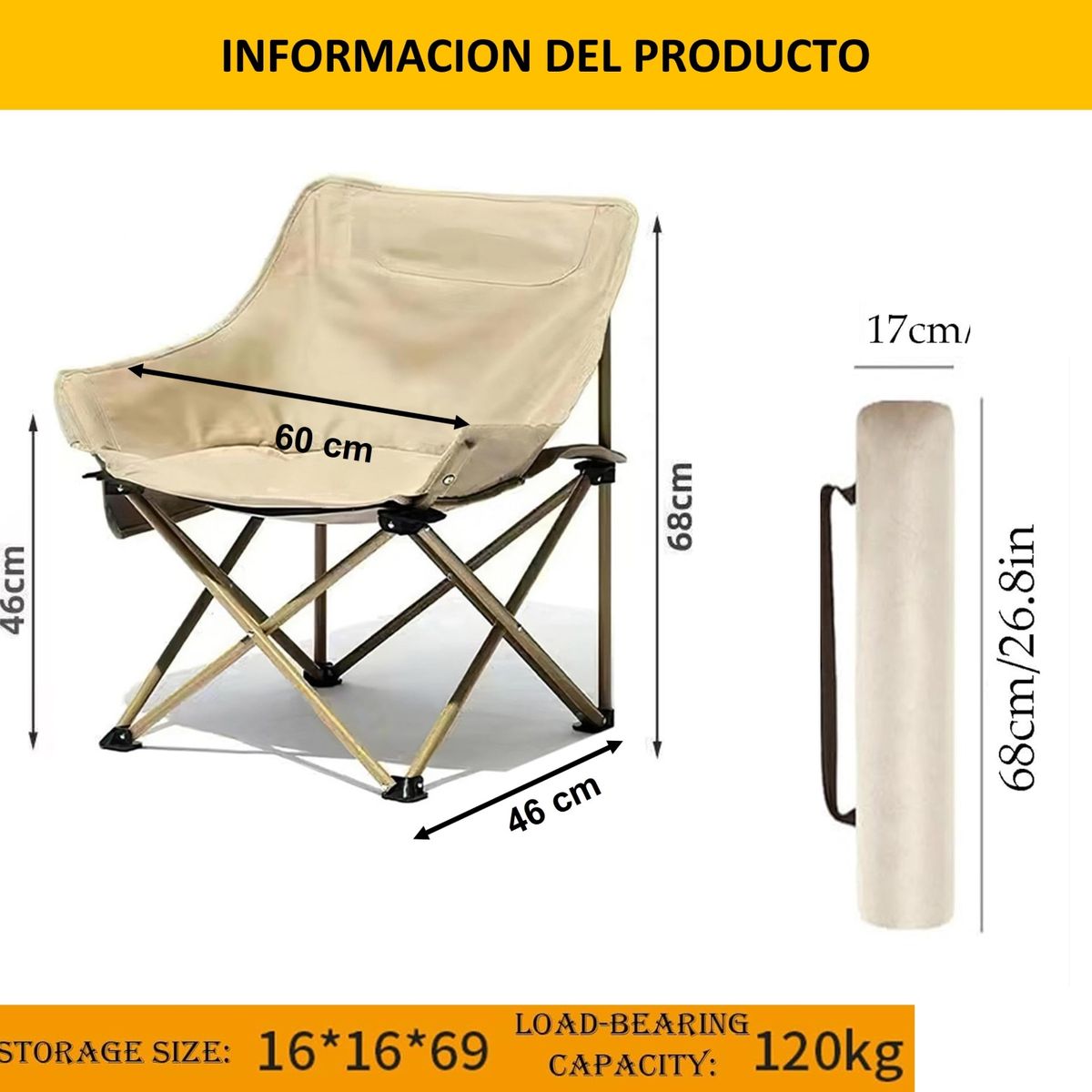 GENERICO - SILLA PLEGABLE COLOR BEIGE PARA ACAMPAR AL AIRE LIBRE