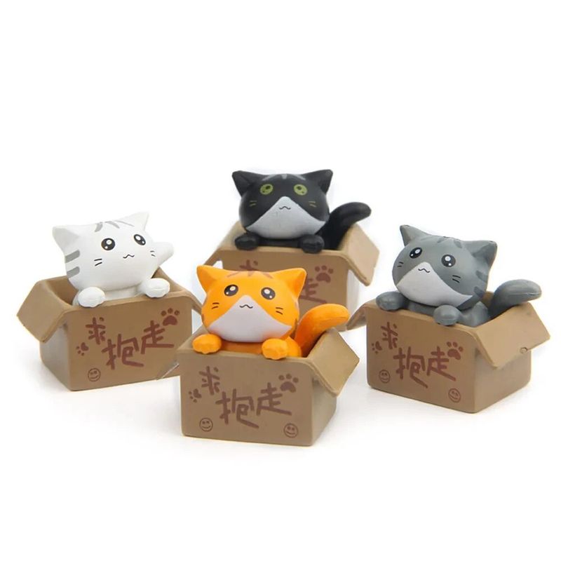 GENERICO - Set 4 Mini Gatos Gatitos Jugando Dentro De sus Cajitas
