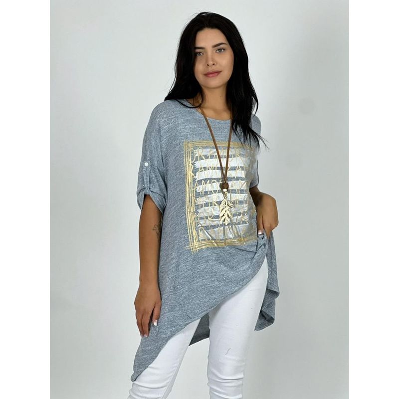 ENIGMATICA BOUTIQUE - Polera Holgada Diseño Con Brillo Gris ENIGMATICA BOUTIQUE