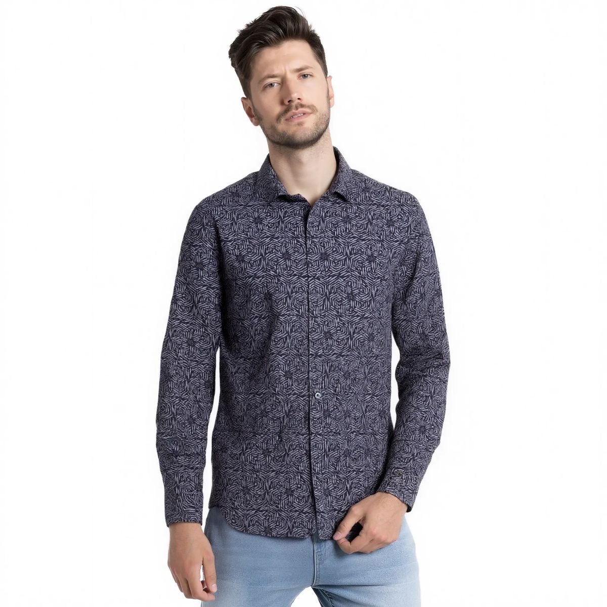POTROS - Camisa Estampada Hombre Azul Marino Algodon Manga Larga POTROS