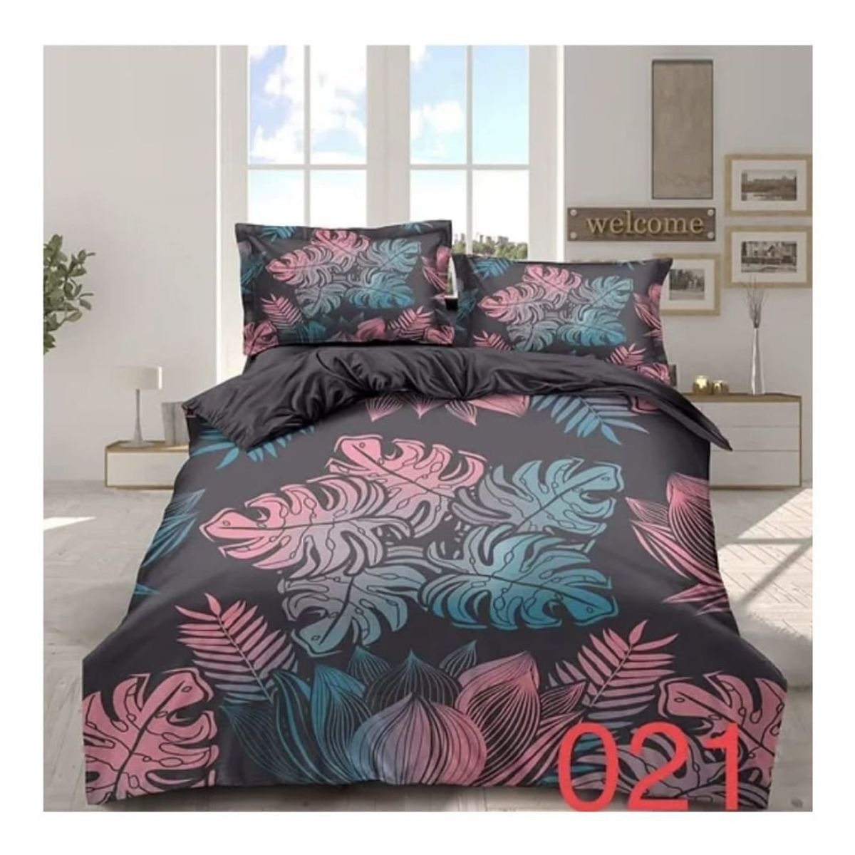 GENERICO - Cubrecama Quilt Verano 2 Plazas - Negro Hojas Bicolor Y021