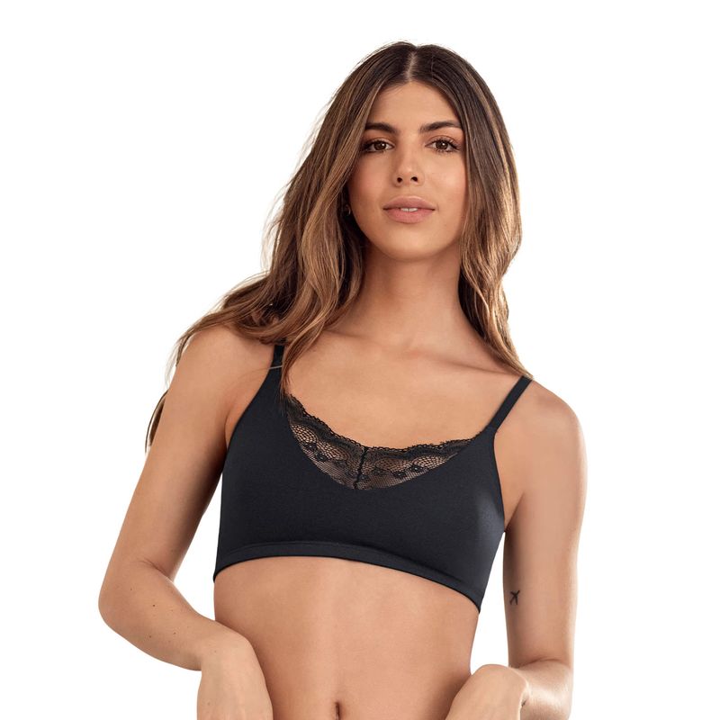 LEONISA - Bralette con detalles de encaje en escote y espalda 091093 Negro