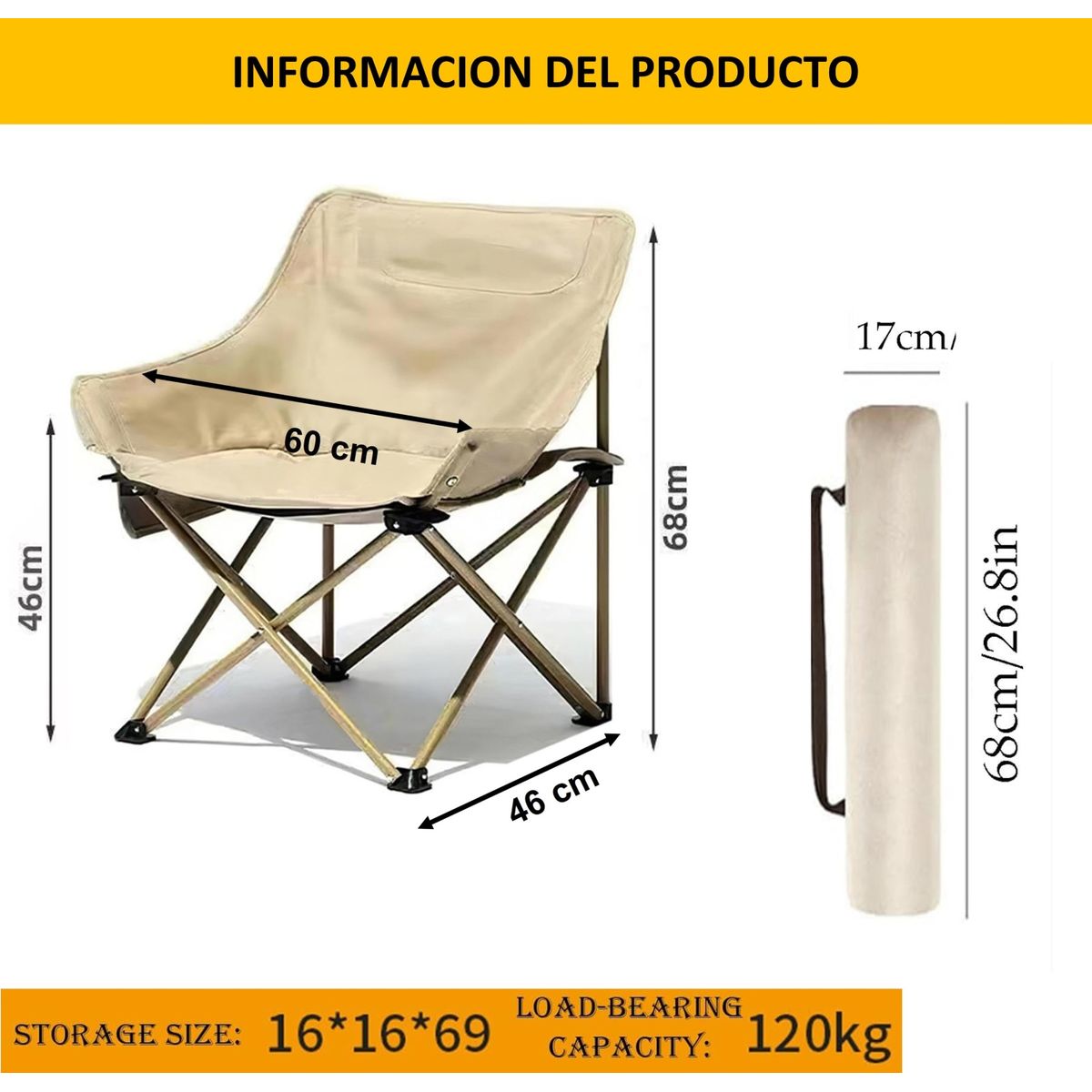 GENERICO - SILLA PLEGABLE COLOR BEIGE PARA EL AIRE LIBRE
