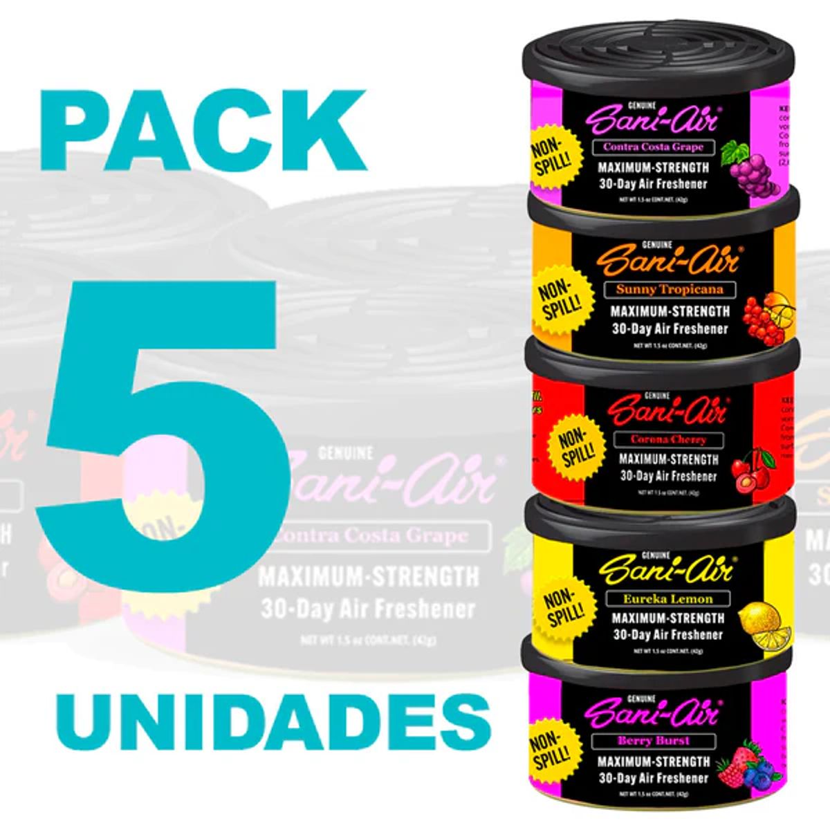 SANI AIR - Pack Sani Air Spill Proof 5 Latas Aromaticas Para Auto