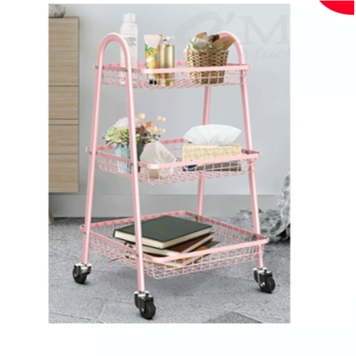 GENERICO - Estante Multifuncional Rosado De 3 Niveles Con Ruedas 30X45X77CM