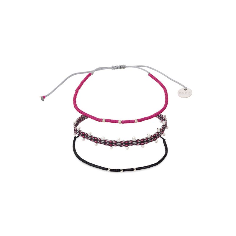 ZAZU - Pack Pulseras Telar Mostacillas de Plata y Mostacillas Negras y Fucsia