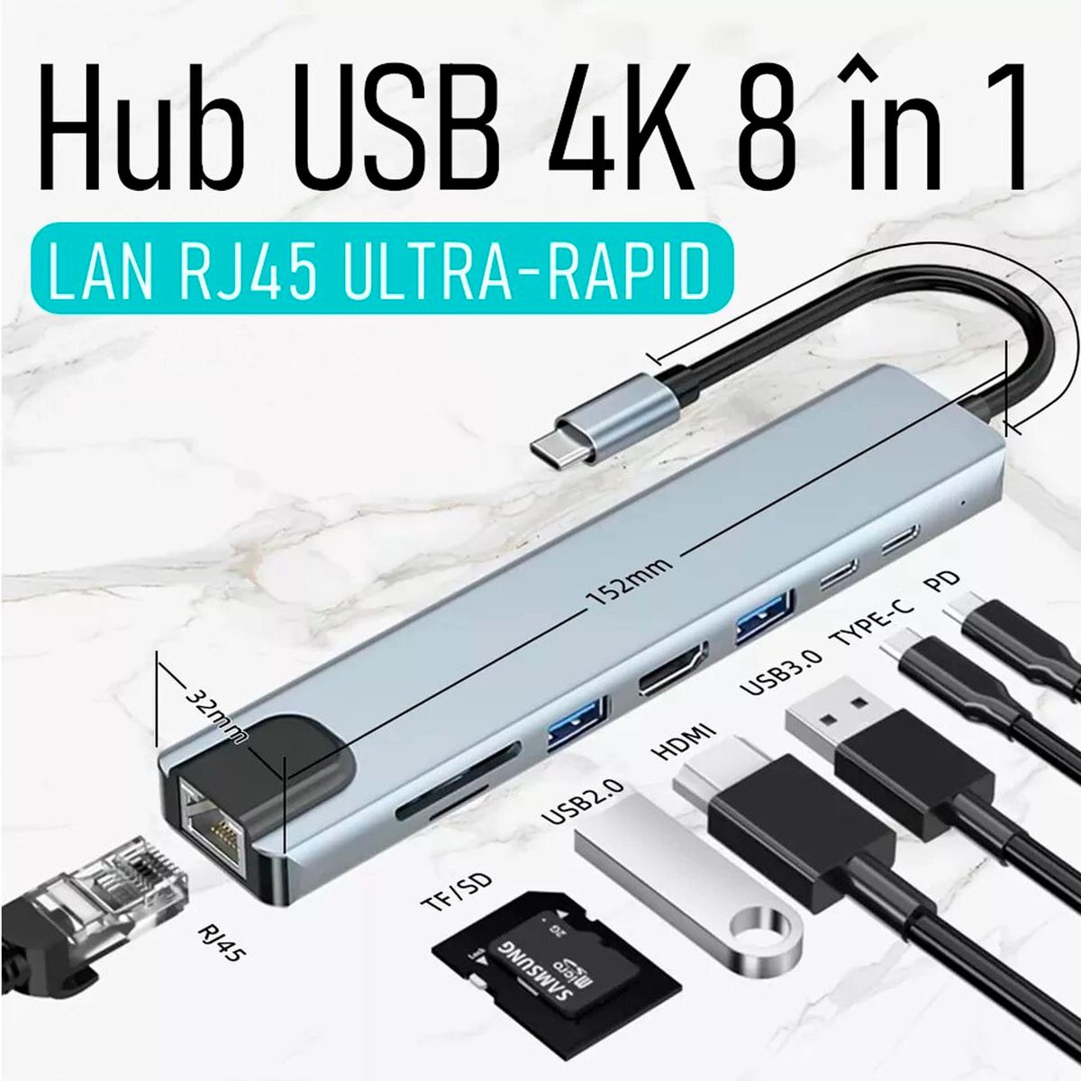 MOTOMO - Adaptador USB-C 8 En 1 HDMI+Usb+UsbC+SD+TF+PD+Lan