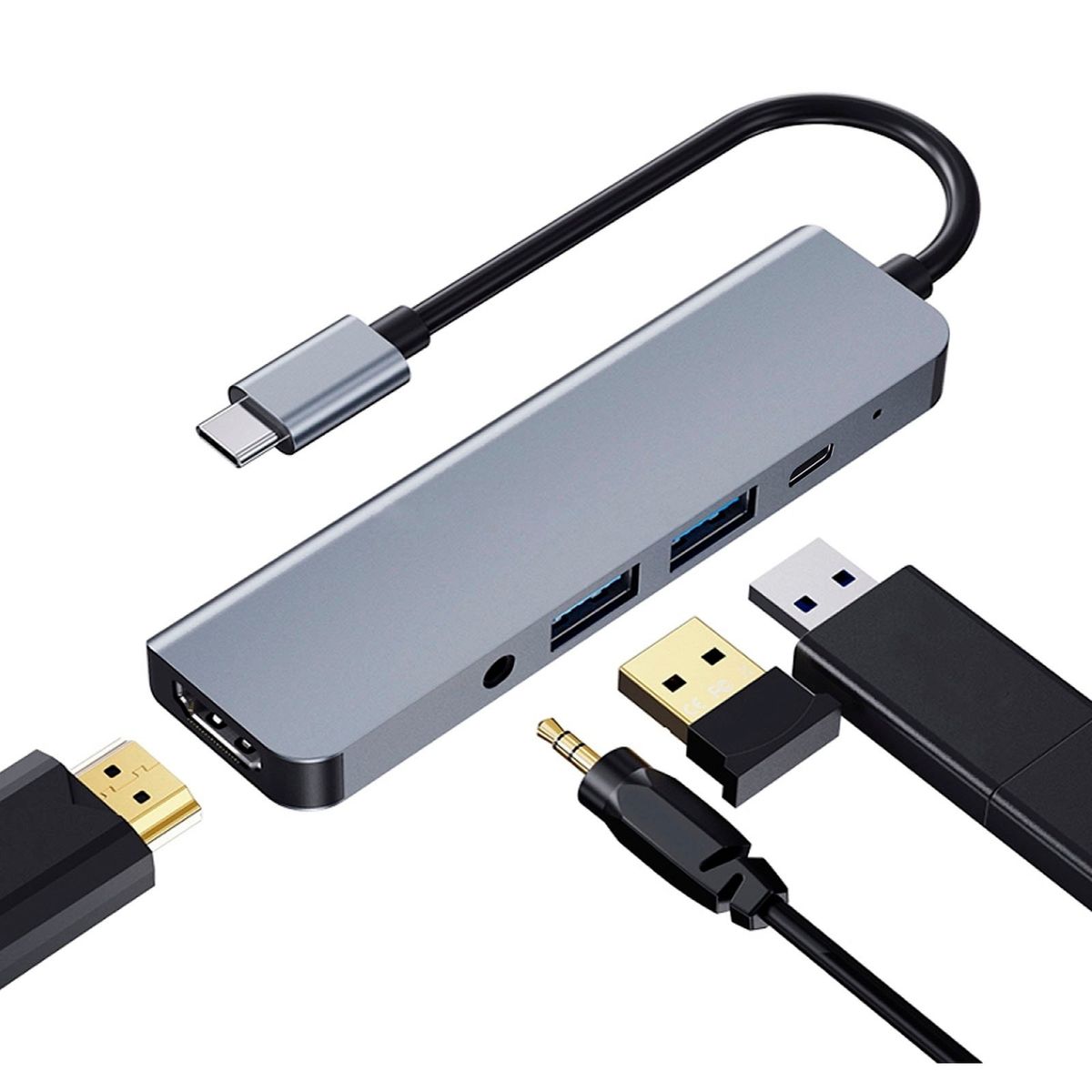 MOTOMO - Adaptador USB-C 5 En 1 HDMI 4k+Usb2.+Usb3.0+Pd+Aux